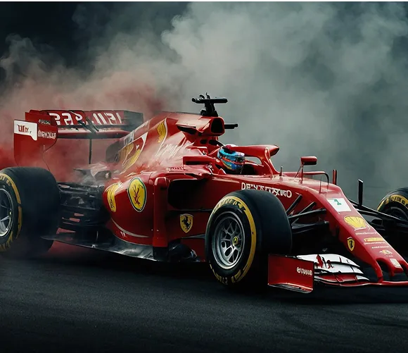 A Ferrari racing car speeds through a cloud of smoke, showcasing its power and agility on the track.